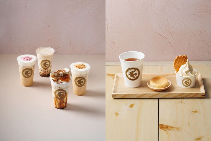 チーズガーデンの4種類のドリンク例と、手茶・ミニチーズケーキ・ソフトの3点セット