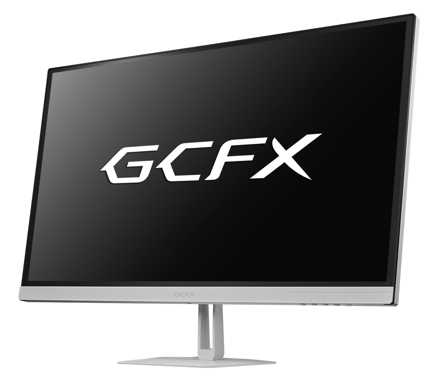 GCFX EX-GDU271ADWのホワイト本体。斜め正面から見たモニターと台座。