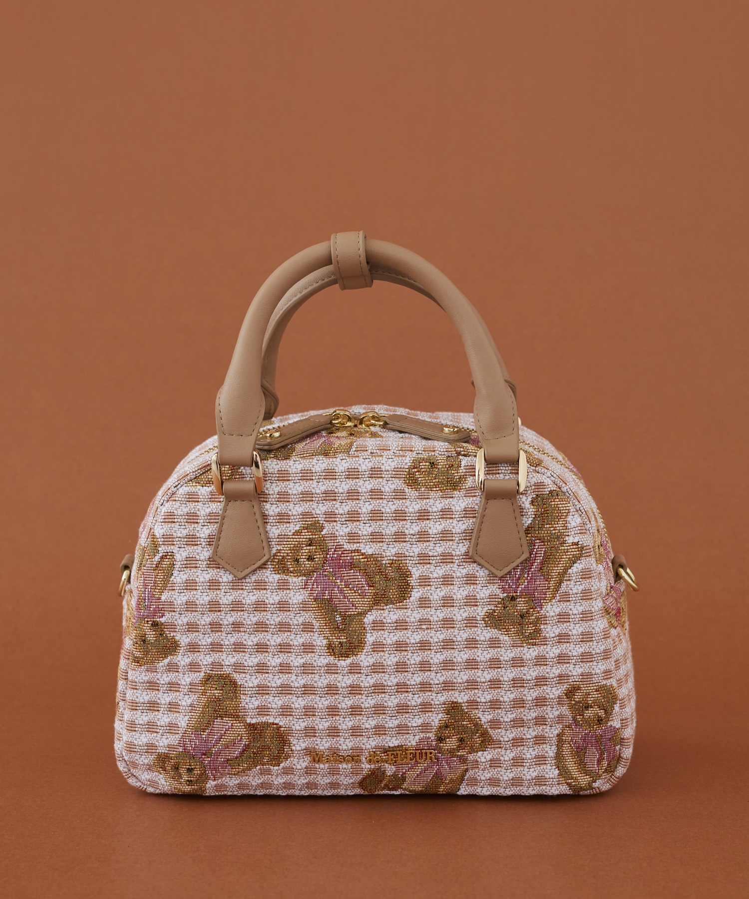 FLEUR TEDDYゴブラン2Wayボストン、Light Brownのテディベア柄バッグ