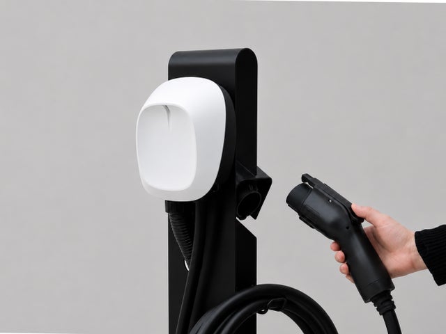 黒い充電ポールに取り付けられた白いmarutope ONEと、手に持った充電コネクタ
